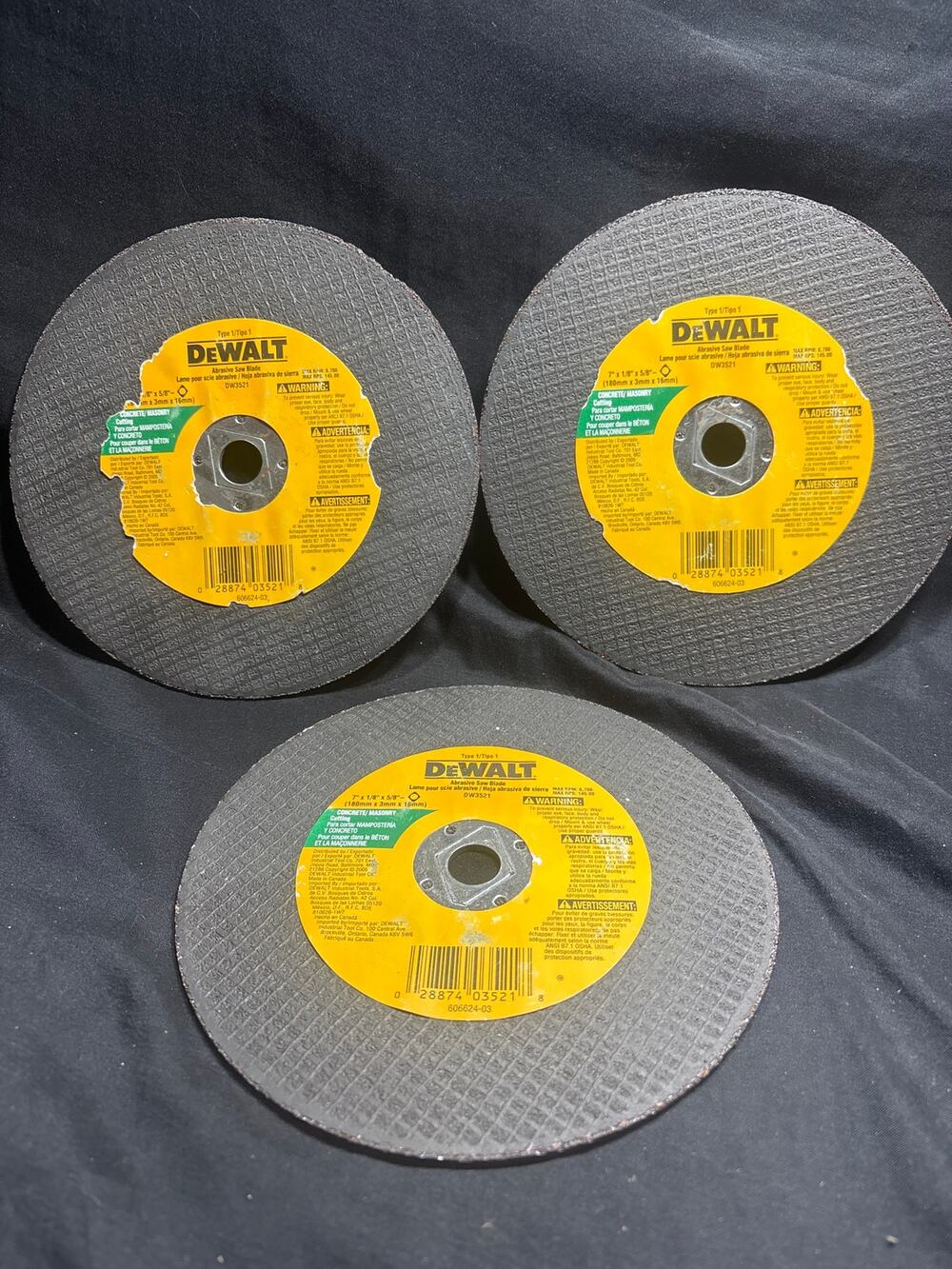 Lot of 3 DEWALT DW3521 Abrasive Saw Blades 7 x 1/8 x 5/8 Concrete Masonry New
